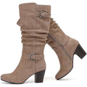 〽️Women's Beige Knee High Slouchy Chunky Heel Pointed Toe Comfortable Long Boots